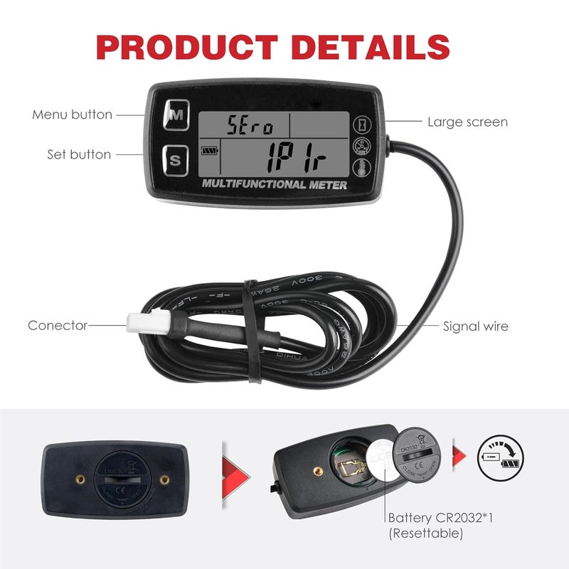 RileyFine Digital RPM Hour Meter, Engine Temperature Gauge for Lawn Mower Boat Motorcycle Tractor Generator Outboard ATV etc., RPM & Temperature Alarm, Backlit Display, Battery Replaceable - Image 2